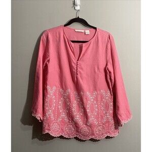 Tweeds Pink Linen Top Women’s Medium Long Sleeve Lightweight Blouse